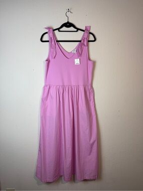 J.CREW Pink Knit Cotton Modal Mixed Media Midi Dress Tie Straps Pockets XL NEW